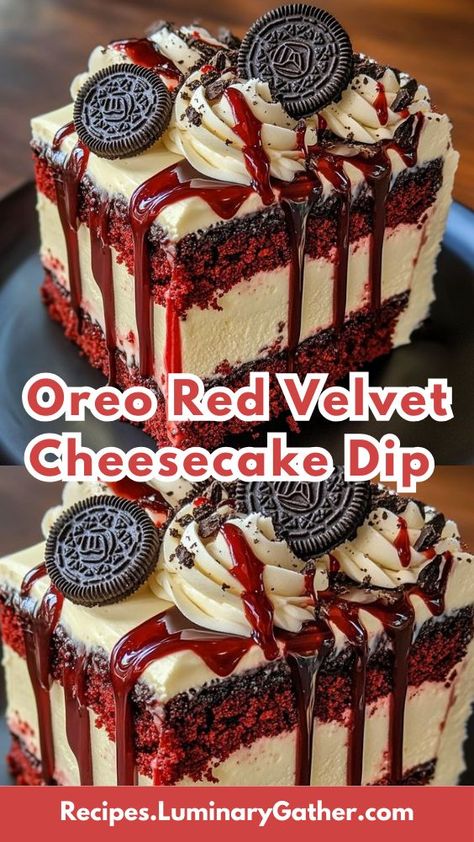 If you’re looking for a show-stopping dessert that’s rich, creamy, and bursting with flavor, this Oreo Red Velvet Cheesecake Dip is the answer. It’s a fusion of classic red velvet and the creamy goodness of cheesecake, topped off with everyone’s favorite Oreo cookies. Whether you’re serving this at a party or enjoying it as a weekend treat, this indulgent recipe will quickly become a favorite. Red Velvet Oreo Cake, Cheesecake Dip Recipe, Red Velvet Oreo, Rich Cheesecake, Fruit Cake Cookies, Velvet Cheesecake, Cheesecake Dip, Red Velvet Cheesecake, Oreo Cake