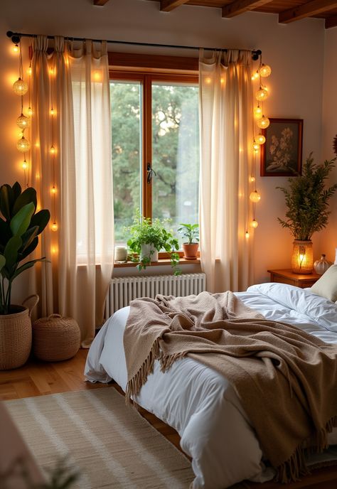 Boho Bedroom with Curtain Lights Soft Lighting Aesthetic, Cozy Bedroom Aesthetic Fairy Lights, Sheer Curtains With Lights, Cozy Lighting Bedroom, Bedroom Curtain Lights, Vintage Boho Bedroom Inspiration, Vintage Boho Bedroom, Calm Bedroom, Cozy Bedroom Colors