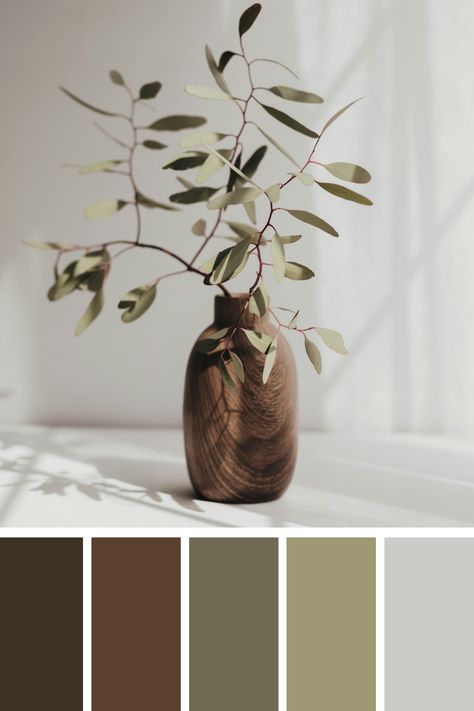 This brown and green palette depicts a minimalist arrangement of eucalyptus leaves in a wooden vase, showcasing the subtle and calming earth tones of green foliage and natural wood. Browns And Green Color Palette, Greens And Browns Palette, Natural Pallet Color, Green And Brown Office, Light Green And Brown Aesthetic, Color Palette With Wood, Wooden Color Palette, Desk Remodel, Green And Brown Aesthetic