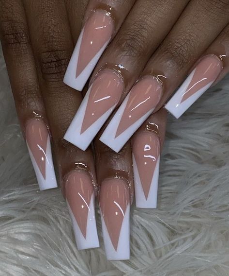 White Style Nails, Burgundy Nails With White Design, Simple Long Nail Designs French Tips, Acrylic Nails Coffin Middle Length, Basic Tapered Square Nails, Long V French Tip Nails, White French Tip Coffin Acrylic Nails, White French Tip Acrylic Nails Coffin, Medium Full Set Nails Acrylics