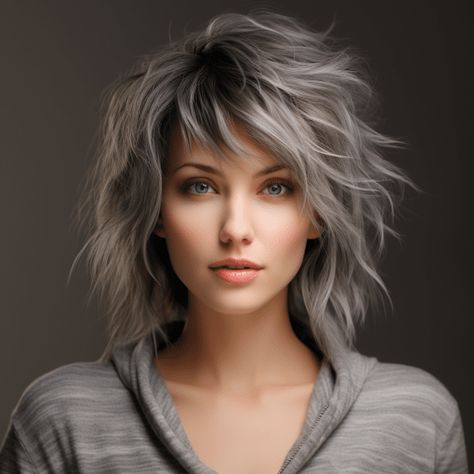 Shag Haircut Gray Hair, Textured Shoulder Length Hair With Bangs, Medium Length Shags For Women, Choppy Shag Hairstyles Short With Bangs, Back View Of Bob Hairstyles Layered Hair, Growing Out A Pixie To A Shag, Shag Hairstyles 2023, Shaggy Choppy Bob With Bangs, Heavily Layered Shag Haircut