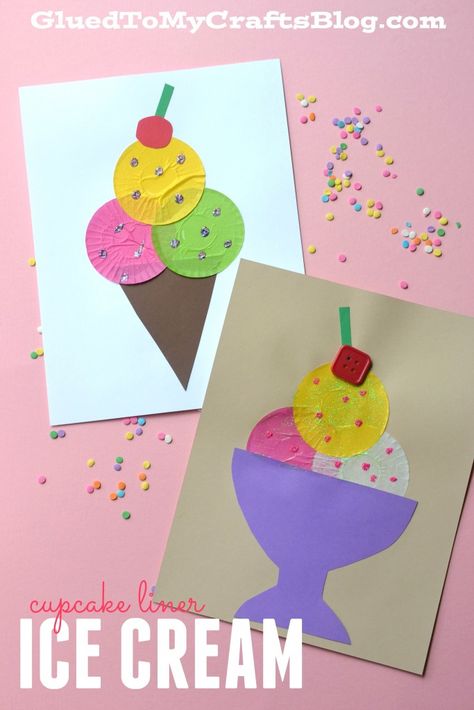 Cupcake Liner Ice Cream - Kid Craft Cupcake Liner Crafts, Cupcake Crafts, Ice Cream Kids, Ice Cream Crafts, Sand Paper, Summer Crafts For Kids, Puffy Paint, Kid Craft, Daycare Crafts