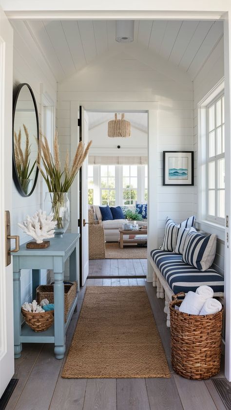 Beach House Entrance, Coastal Entryway Ideas, Beach House Entryway, Entryway Transformation, Entryway Designs, Home Redesign, Beach House Lighting, Coastal Entryway, Coastal Style Decorating