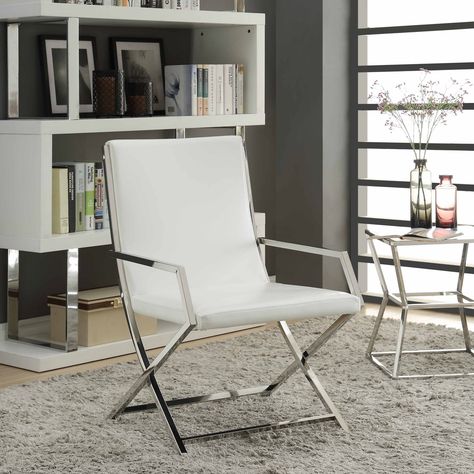 Acme Furniture Rafael Accent Chair - White White Lounge Chair, Wingback Accent Chair, Stainless Steel Chair, Leather Wingback, Metal Armchair, Chair Collection, Contemporary Chairs, Mesa Exterior, Accent Arm Chairs