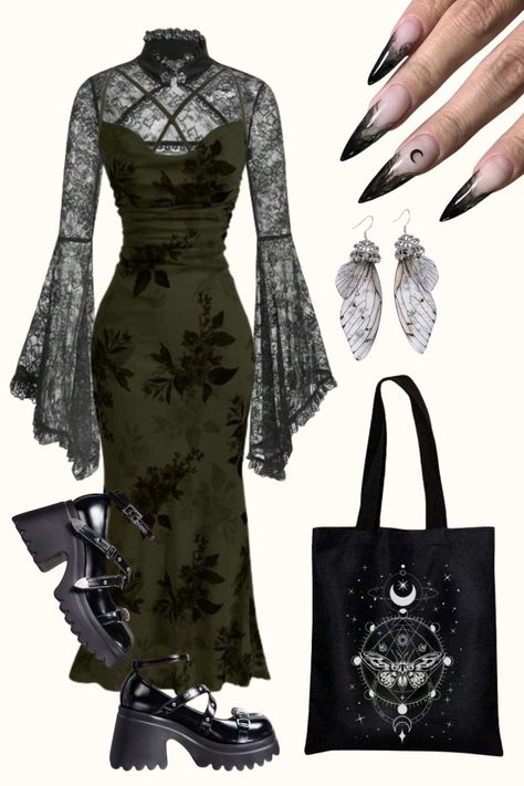 Goth Outfit, Black Aesthetic, Goth Cottagecore Outfit, Witch Outfit, Goth Fashion, Black Nails, Butterfly Jewelry. 🦋 Green And Black Goth Outfit, Goth Fantasy Outfit, Goth Cottagecore Outfits, Black Nails Butterfly, Cottage Goth Fashion, Green Witch Aesthetic Outfit, Cottage Witch Aesthetic Fashion, Green Goth Outfit, Green Goth Aesthetic