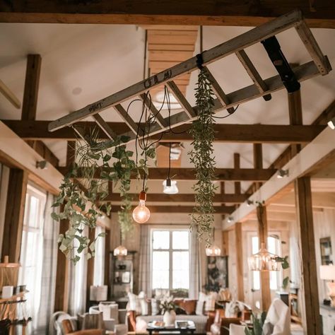 Hanging ladder shelf with Edison bulbs and greenery in rustic farmhouse living room Open Farmhouse, Creative Furniture Ideas, Bohemian Centerpieces, Skateboard Shelves, Hanging Ladder, Weird Furniture, Vintage Ladder, Farmhouse Style Living Room, Ladder Bookshelf