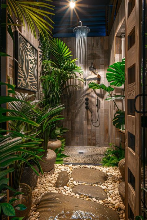 Nature Themed Bathroom Decor, Modern Tropical Aesthetic, Jungle Inspired Bathroom, Garden Theme Bathroom, Plant Theme Bathroom, Tropical Shower Bathroom, Hawaiian Bathroom Ideas, Outdoor Ensuite, Boho Theme Bathroom