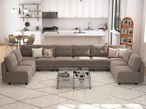 LLappuil Velvet Modular Sofa Oversized Sectional Couch with Reversible Chaise 10 Seater U Shape Sofa Waterproof, Anti-Scratch, Antistatic Sofas for Living Room, Grey Brown Oversized Couch Sectional, Modular Sofa Living Room, Brown Sofas, Oversized Sectional Sofa, Brown Sectional, U Shaped Sectional Sofa, Modular Couch, Sectional Sleeper Sofa, U Shaped Sofa