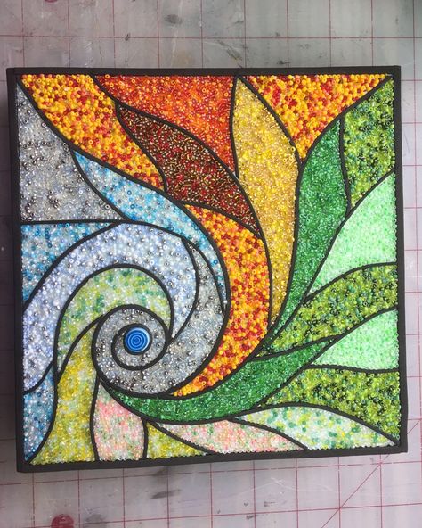 Four Seasons swirl, seed bead art by Sabrina Frey Mosaic Art With Beads, Seed Bead Mosaic Art, Beaded Mosaic Art, Seed Mosaic Art, Seed Bead Art On Canvas, Bead Mosaic Art Projects, Seed Artwork, Bead Canvas Art, Bead Art On Canvas