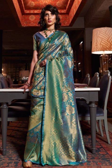 "fantastic colours in silk very fashionable" - sarita s. Blue Silk Saree, Kanjivaram Sarees Silk, Green Saree, Kanchipuram Silk Saree, Blue Saree, Art Silk Sarees, Kanjivaram Sarees, Rockabilly Dress, Kanchipuram Saree