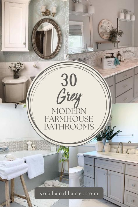 Discover the chic simplicity of modern farmhouse bathrooms with these design ideas in various shades of grey unveiling the perfect blend of contemporary style and rustic charm, creating bathrooms that are both inviting and on-trend. Light Grey White Bathroom, Farmhouse Chic Bathroom Modern, Grey Bathroom Vanity Wall Color, Farmhouse Bathroom Gray Walls, Gray And White Bathroom Ideas With Tub, Grey Modern Farmhouse Bathroom, White And Charcoal Bathroom, Gray Bathroom Accent Color, Grey Themed Bathroom