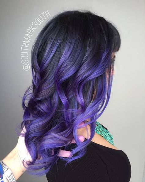 Purple Balayage For Black Hair                                                                                                                                                      More Purple And Black Hair, Black Hair Ombre, Violet Hair Colors, Purple Hair Highlights, Purple Balayage, Purple Ombre Hair, Brown Ombre Hair, Ombre Hair Blonde, Violet Hair