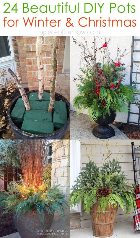 How to make colorful outdoor planters for winter & Christmas decorations. Best porch pot ideas with evergreen branches, berries & pine cones!- A Piece of Rainbow #porch #patio #holiday #backyard #curbappeal #diy #gardens #gardening #decorations #urbangardening #winter #containergardening #plants #farmhouse #christmas #christmasdecor #christmascrafts #christmasideas #holiday farmhouse front door, decor, patio , garden, gardening Porch Pot Ideas, Winter Christmas Decorations, Outdoor Holiday Planters, Christmas Urns, Outdoor Christmas Planters, Holiday Planter, Winter Planter, Christmas Pots, Christmas Planters