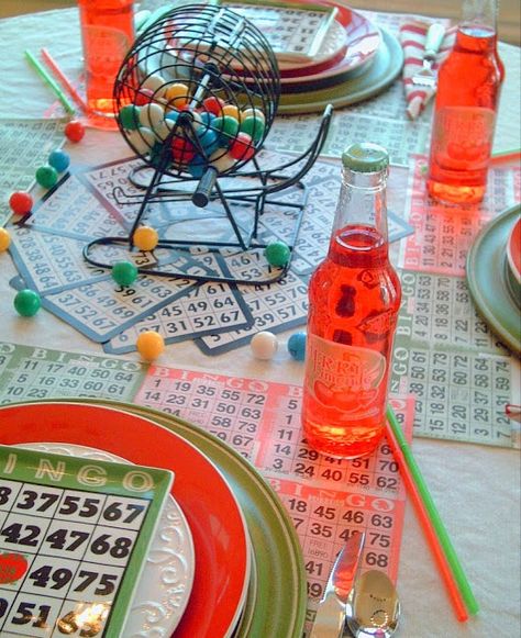 Candlelight Supper: Bingo Night Tablescape Bingo Night Aesthetic, Bingo Night Decorations, Party Games Aesthetic, Bingo Party Food, Bingo Themed Party Ideas, Bingo Night Ideas, Bingo Birthday Party Theme, Bingo Party Ideas, Hosting Activities