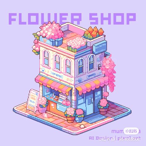 Cute Store Drawing, Isometric Building Architecture, Florist Shop Drawing, Kawaii Isometric, Isometric Art Illustration, Isometric Illustration Design, Isometric Architecture, Isometric Pixel Art, 2d Isometric