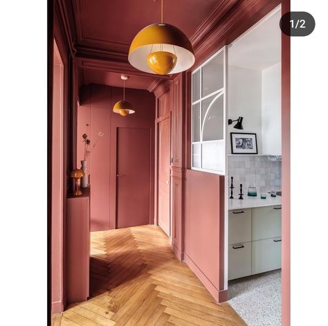 Pink Hallway, Terracotta Walls, Hallway Designs, The Ceiling, House Goals, Banquette, Wall Color, House Inspo, House Inspiration