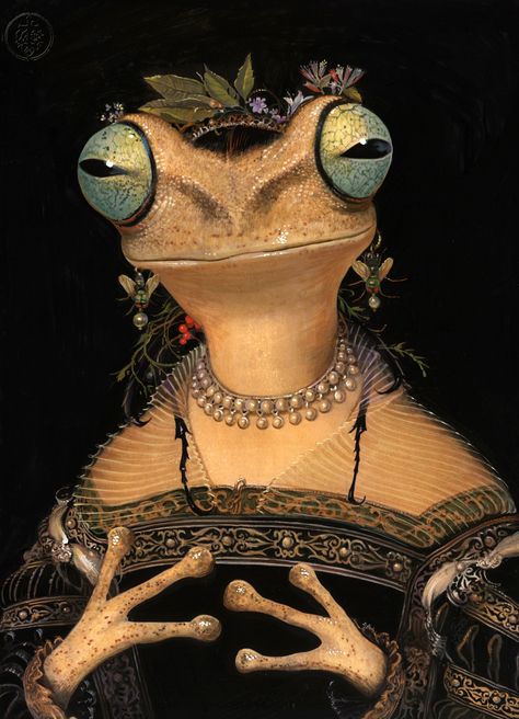 Quirky Portraits by Bill Mayer Imagine Flora and Fauna as High Society Humans Paintings, Art, Flowers, A Frog, Green