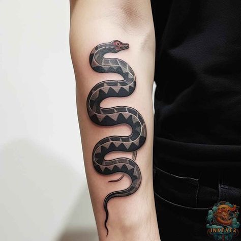 The Fascinating Meaning Behind Snake Tattoos: 67 Designs - inktat2.com Tattoo Pulso, Snake And Dagger Tattoo, Tricep Tattoos, Small Snake Tattoo, Japanese Snake Tattoo, Outer Forearm Tattoo, Forearm Band Tattoos, Men Tattoos Arm Sleeve, Tattoo Forearm