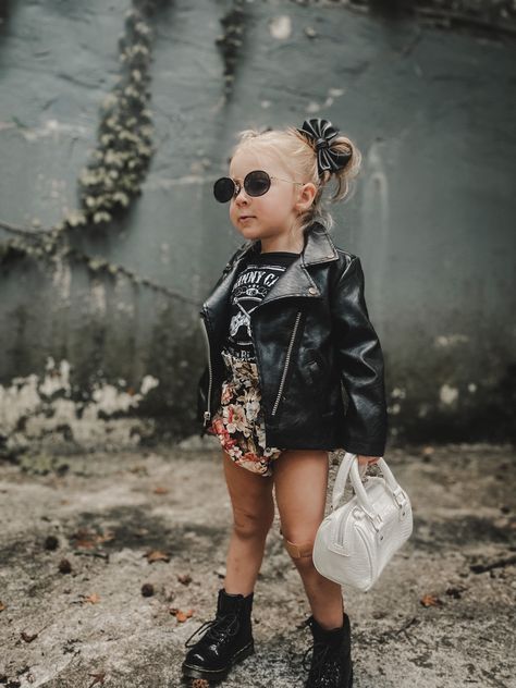 Band tee for toddlers. Leather jacket outfits. Toddler girl outfit ideas Toddler Rockstar Outfit, Grunge Baby Outfits, Punk Baby Girl, Edgy Girl Outfits, Maeve Outfits, Boho Rocker Chic Style, Punk Girl Outfits, Twins Second Birthday, Kid Outfit Ideas