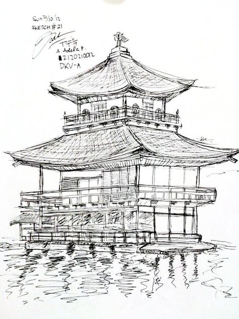 Chinese Architecture Drawing, Japanese Temple Drawing, Japanese Architecture Drawings, Garden Temple, Croquis Architecture, Deer Garden, Muromachi Period, Temple Drawing, Golden Pavilion