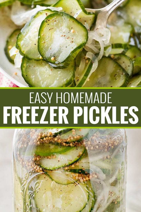 Sweet and tangy with PLENTY of crunch, these freezer pickles perfect year-round!  No complicated canning steps or equipment needed! #pickles #homemade #freezerpickles #cucumbers #farmersmarket #gardenfresh #howto Freezer Pickles Recipes Dill, Wedding Cake Dusty Blue, Freezer Pickles, Pickles Homemade, Cucumber Pickles, The Chunky Chef, Chunky Chef, Pickle Recipes, Freezing Food