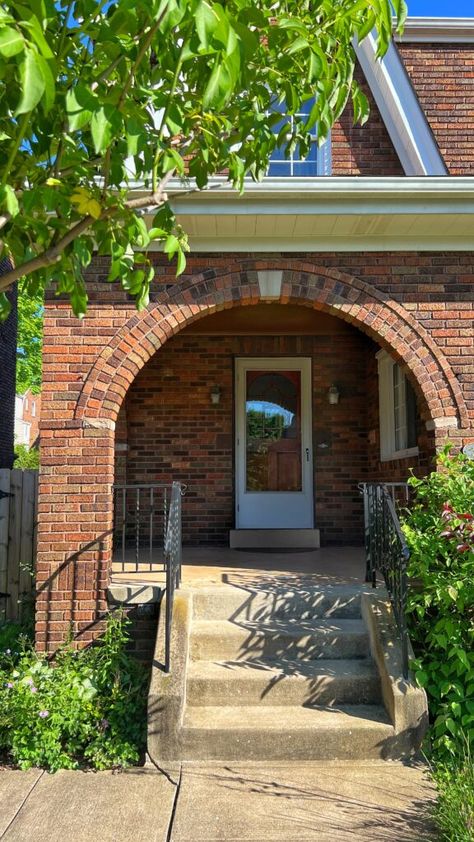 Cement Porch Makeover, Small Front Porch Makeover, Porch Makeover On A Budget, Storm Door Makeover, 1930 Home, Cement Porch, Brick Arches, Front Porch Makeover, Small Front Porch