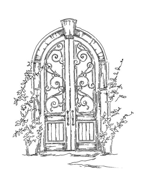 Gothic Door Tattoo, Wishing Well Tattoo Ideas, Heavens Gates Drawing, Secret Garden Door Tattoo, Magical Door Drawing, Botanical Garden Drawing, Door Tattoo Design, Garden Door Tattoo, Garden Gate Tattoo