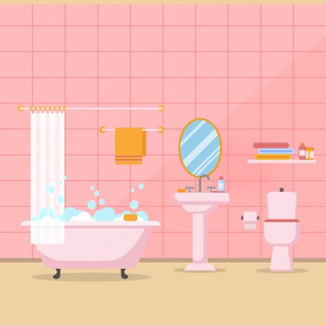 Modern bathroom interior with furniture ... | Premium Vector #Freepik #vector #business #house #hand #cartoon Cute Bathroom Drawing, Pink Modern Bathroom, Violet Bathroom, Bathroom For Kids, Bathroom Illustration, Bathroom Background, Bathroom Drawing, Business House, Hand Cartoon