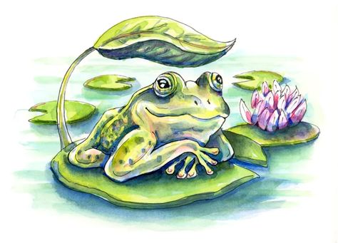 Frogs Tattoo, Pond Art, Contemplating Life, Frog Tattoos, Pond Life, Art Fish, Felt Pictures, Watercolor Books, Water Colours