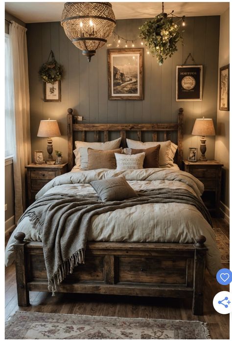 Home Decor Ideas Bedroom Farmhouse, Cottagecore Aesthetic House Interior Bedroom, Vintage House Bedroom, Bedroom Decor With Grey Walls, Cabin Vibes Bedroom, Cozy Home Aesthetic Bedroom, Small Rustic Bedroom Ideas, Farmhouse Interior Bedroom, Room Decor Ideas Bedroom Aesthetic Wall