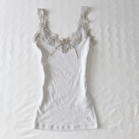 Coquette Abercrombie white and grey lace ribbed tank... - Depop Lacy Tank Tops, White Lace Undershirt, Coquette Shopping, Coquette Tank Top, Lace Undershirt, White Lace Tank Top, Lacey Tops, Black Wardrobe, Grey Lace