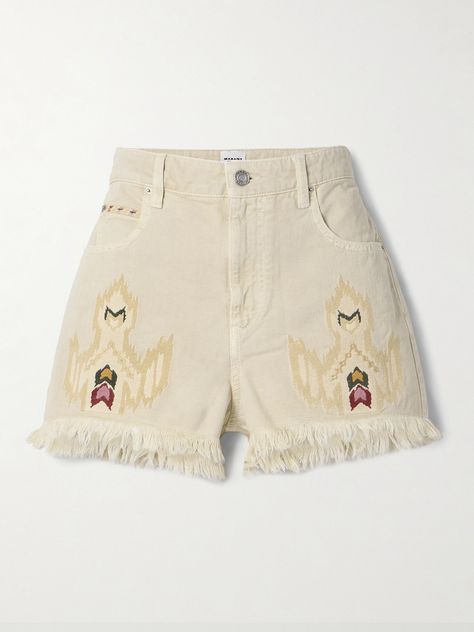 Marant Étoile's 'Lesia' denim shorts embody the carefree, bohemian spirit the brand is known for. They're designed to sit high on the waist and have an abstract embroidered motif and frayed cuffs. Embroidered Denim Shorts, Winter Work Wear, Embroidered Denim, Sports Suit, Shearling Jacket, Ski Wear, Clothes Collection, Jeans Dress, Wool Coat