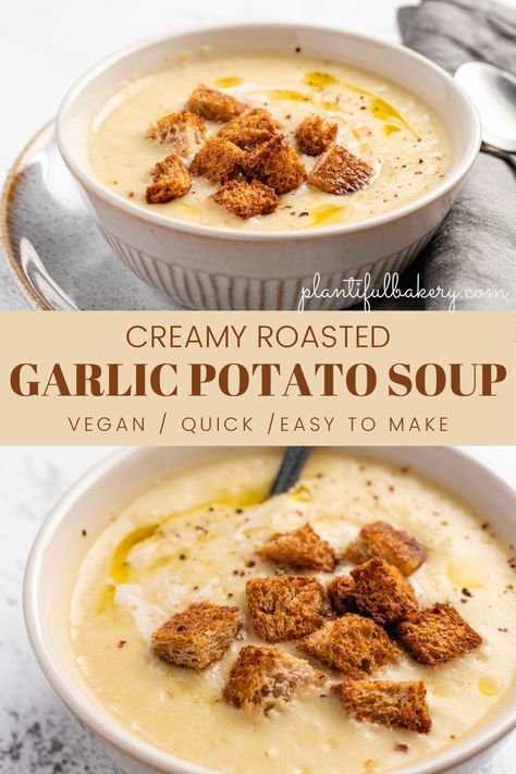 Creamy Garlic Potato Soup, Cream Of Garlic Soup Recipe, Soup Recipes Filling, Thick Vegetarian Soup, Garlic Potato Soup Recipe, Roasted Garlic Noodle Soup, Winter Potato Soup, Soup With Sandwich, Blended Potato Soup