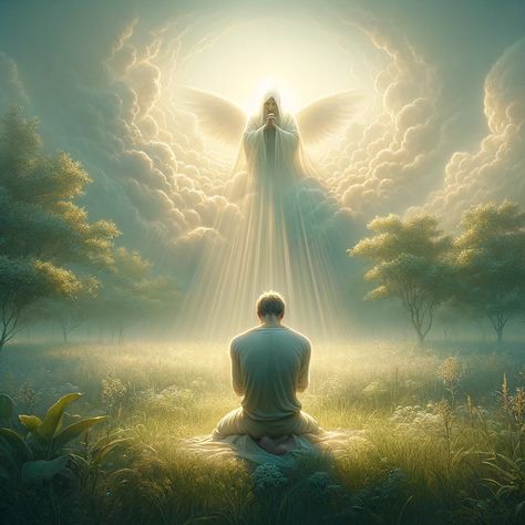 A serene, spiritually uplifting scene depicting a person in humble prayer, surrounded by a soft, ethereal light. The setting is a peaceful, natural environment, possibly a meadow or a garden, symbolizing tranquility and closeness to God. In the background, a subtle representation of heaven, with soft, glowing clouds and gentle rays of light, symbolizes God's presence and provision. This image... Praising God Images, Heaven Images Art, Praising God Photography, Praise God Pictures, Picture Of People Worshipping God, Spiritual Light Images, God's Presence Images, Love In Bible, God Looking Down From Heaven