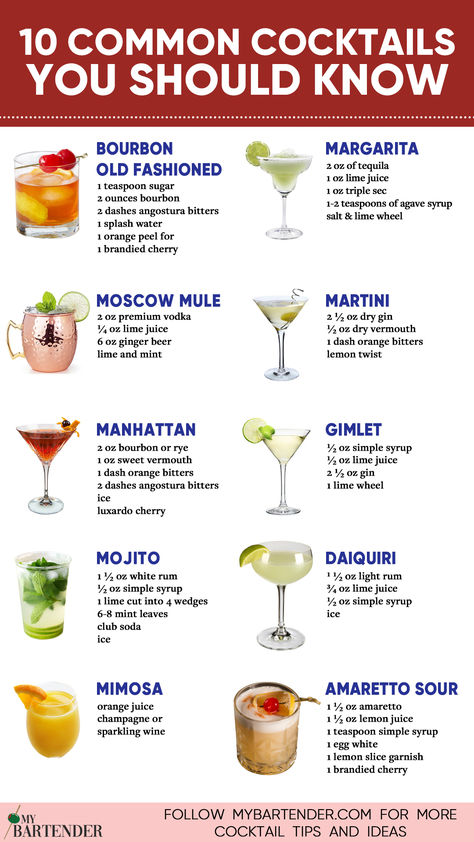 Common Cocktails Good Cocktail Recipes, Must Know Bartender Drinks, Alcohol For Beginners, Common Alcoholic Drinks, Types Of Cocktails Drinks, Popular Mixed Drinks Cocktail Recipes, Drinks Every Bartender Should Know, Basic Drinks For Bartenders, Most Popular Cocktail Recipes