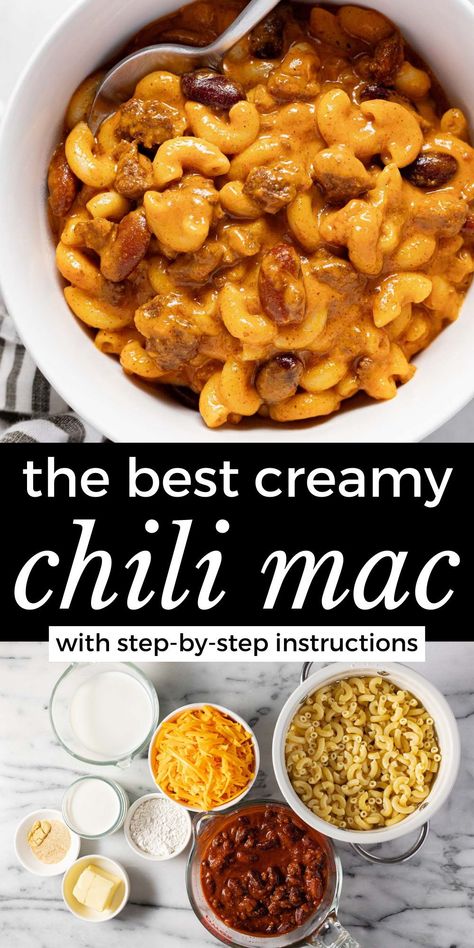 This chili mac recipe comes together in about 30 minutes and is the perfect way to repurpose that leftover chili in the fridge. The noodles really bulk up the dish so that you can stretch the chili further and get even more meals out of it! Two cozy comfort foods come together here - macaroni and cheese and classic chili - to create a delicious dinner your whole family will love! Easy Chili Mac Recipe, Leftover Chili Recipes, Chili Mac Recipe Easy, Easy Homemade Chili Recipe, Easy Chili Mac, Creamy Chili, Easy Homemade Chili, Chili Mac Recipe, Homemade Chili Recipe