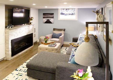 Basement Fireplace With Low Ceiling, Small Living Room Basement, Small Basement Rec Room Ideas, Narrow Basement Living Room Ideas, Basement Apartment Living Room, Small Rec Room Ideas, Small Cozy Basement, Small Basement Ideas Cozy, Small Basement Decorating Ideas