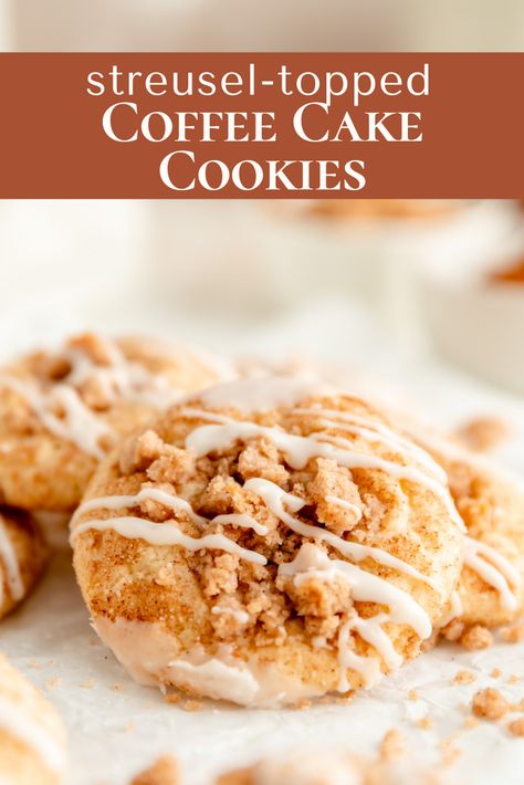 A classic sugar cookie, a snickerdoodle, and a cinnamon streusel coffee cake combine to make these unbelievably delicious vanilla-glazed coffee cake cookies! Cinnamon Streusel Coffee Cake Cookies, Coffee Cake Cookie Recipes, Gluten Free Coffee Cake Cookies, Gilmore Coffee Cake Cookies, Coffee Crisp Cookies, Cinnamon Streusel Cookies, Coffee Cake Cookies Crumbl, Gilmore Girls Coffee Cake Cookies, Coffee Cake Cookies Recipe