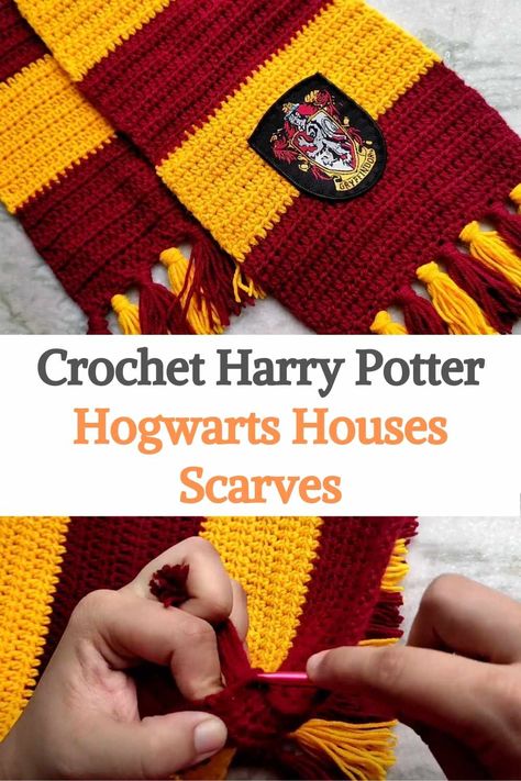 Crochet Harry Potter Scarf Pattern Free, Gryffindor Crochet Scarf, Hogwarts Scarves Crochet, Harry Potter House Crochet, Hogwarts Crochet Patterns Free, Crochet Hufflepuff Scarf Free Pattern, Harry Potter House Scarf Crochet, Harry Potter Blanket Crochet Free Pattern, How To Crochet Harry Potter Scarf