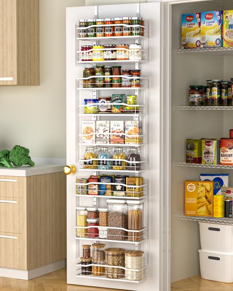 PRICES MAY VARY. Maximize Your Space: Please measure the width of your door before purchasing to see if it can fit a 12.2"W shelf. Our 9-Tier over the door pantry organizer is designed to make the most of your storage space, allowing you to store more items in a smaller area such as spice and some jars. Perfect for small kitchens or those with limited storage space. Durable & Strong: Made with high-quality, durable metal, our pantry organization can withstand the weight of heavy cans and jars, k Garage Pantry Organization, Pantry Food Storage Ideas, Kitchen Pantry Organisation, Storage Ideas For Small Homes, Small Pantry Design Ideas Shelves, Tiny Pantry Organization, Closet Pantry Organization, Pantry Storage Shelves, Ikea Pantry Organization