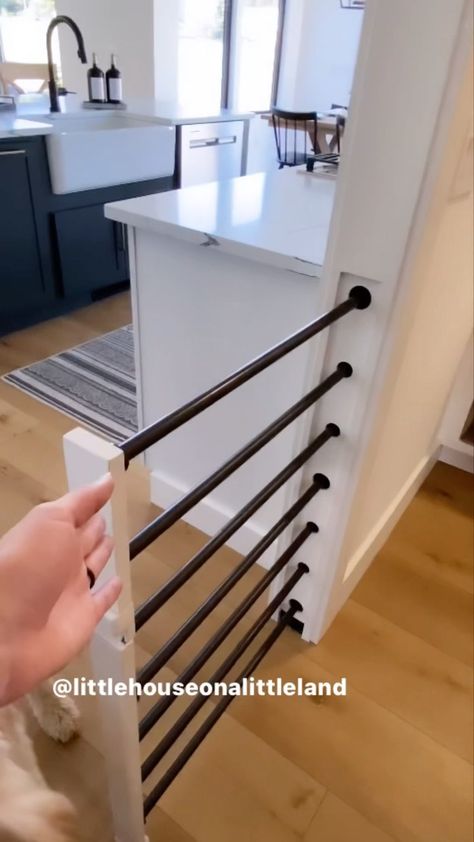 littlehouseonalittleland on Instagram: Follow us for more ways to design your home catered to your babies 🐾 We had this gate made along with another one for the stairs just for… Built In Dog Gates Indoor, Hidden Gate In Wall, In Wall Dog Gate, Dog Nook Under Stairs, New Home Build Must Have, Built In Baby Gate, Stair Gate Ideas, Sliding Stair Gate, Built In Stair Gate