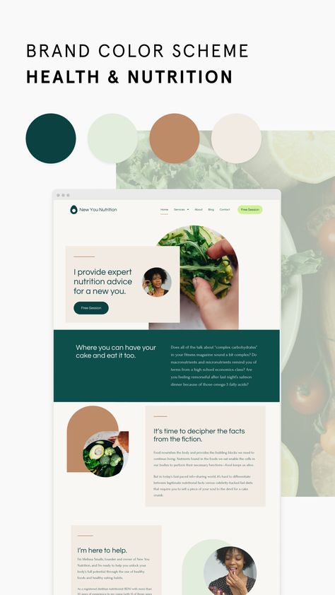 brand color scheme for health and nutrition Nutrition Color Palette, Health Color Palette, Nutrition Website Design, Nutritionist Branding, Food Website Design, Color Branding, Nutrition Website, Website Color Schemes, Brand Colour Schemes