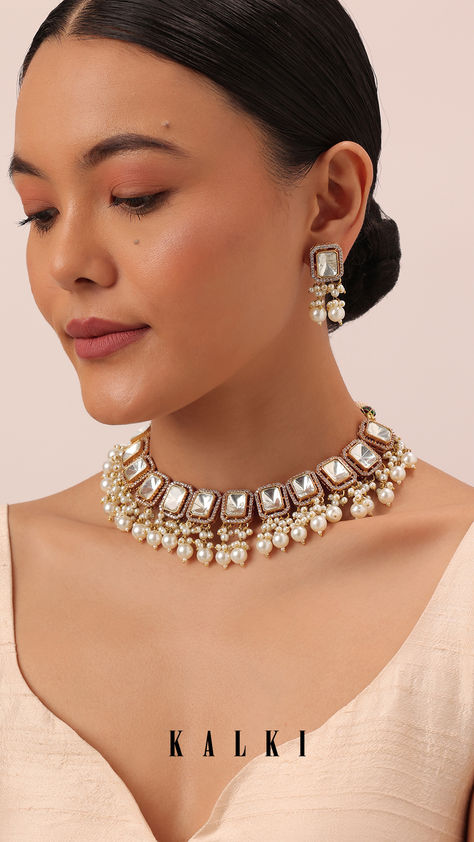 Put forth an elegant and poised look with this beautiful necklace set. Adorned in kundan and embellished with cluster pearl drops, it displays stunning geometric motifs. Crafted in a gold -tone on a mix metal base, it is completed with matching danglers. Indian Wedding Jewelry Sets, Kundan Necklace Set, Kundan Necklace, Geometric Motifs, Indian Wedding Jewelry, Kundan Necklaces, Wedding Jewelry Sets, Beautiful Necklace, Pearl Drop