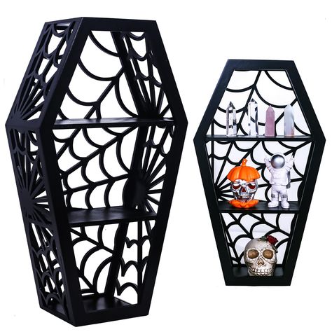 PRICES MAY VARY. 【A Spooky Addition to Your Home】: Whether you’re looking to capture the whimsical Halloween spirit in your home or you simply want to better organize your makeup, figurines or crystal collection, the CEFLITECO gothic room decor makeup shelf is the perfect solution! 【Sturdy Craftsmanship】: Our spooky decor gothic shelves are made employing finest quality, sturdy materials, a combination of premium wood and smooth finishes, being easy to clean and designed to last for many years. Tela, Gothic Shelves, Spooky Wall Decor, Coffin Shelf, Oddities And Curiosities, Goth Room Decor, Gothic Room, Decor For Bathroom, Halloween Bathroom