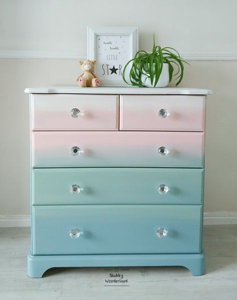 Solid pine chest of drawers, Ombre Effect Chest Of Drawers Makeover, Adults Bedroom, Bed Makeover, Girls Bed, Girl Dresser, Colorful Dresser, Unicorn Bedroom, Diy Dresser Makeover, Unique Signature