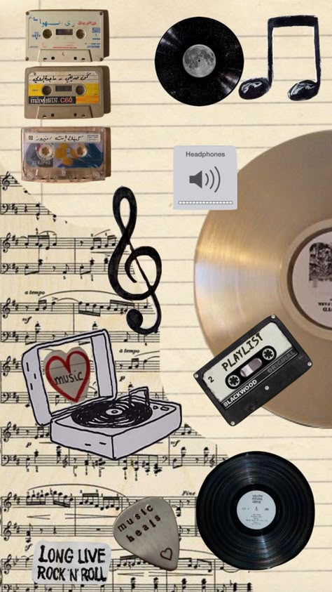 #music #collage #aesthetic #moodboard Music Themed Art Projects, Scrapbook Music Ideas, Music Sheets Aesthetic, Music Scrapbook Ideas, Old Music Aesthetic, Music School Aesthetic, Collage Of Music Albums, Pop Music Collage, Music Collage Art