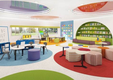 Create a classroom culture of colour and kindness. Nurture your classroom with vibrant colours, soft seating and adjustable tables that can grow as your happy community of learners grow. Elementary Classroom Interior Design, Modern Learning Spaces, Furniture Rendering, Happy Community, School Building Design, Bedroom Seating Area, Architecture Blueprints, Study Room Design, Kindergarten Design