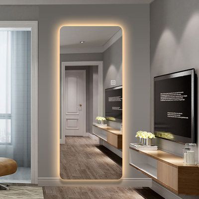 Long Led Mirror, Corner Long Mirror, Body Mirror With Led Lights, Big Led Mirror, Bedroom With Long Mirror, Vanity With Long Mirror, Big Bedroom Mirrors, Long Mirror With Led Lights, Led Mirror With Storage