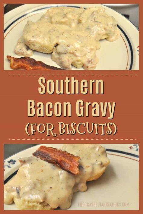 Make thick, creamy Southern BACON Gravy for biscuits- from scratch! Easy to make, and tastes absolutely DELICIOUS! via @gratefuljb Gravy With Bacon Grease, Breakfast Gravy Recipe, Gravy For Biscuits, Country Gravy Recipe, White Gravy Recipe, Breakfast Gravy, Gravy Biscuits, Country Biscuits, Homemade Gravy Recipe