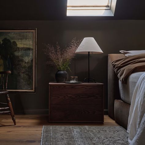 26 Moody Dark Bedroom Ideas I'm Seeing All Over My FYP Dark Bedspread Bedroom, Dark Moody Rustic Bedroom, Dark Color Drenched Bedroom, Moody Master Bedrooms Cozy, Dark Moody Bedroom Color Palettes, Light Moody Bedroom, Moody Room Ideas, Moody Minimalist Bedroom, Rustic Moody Bedroom